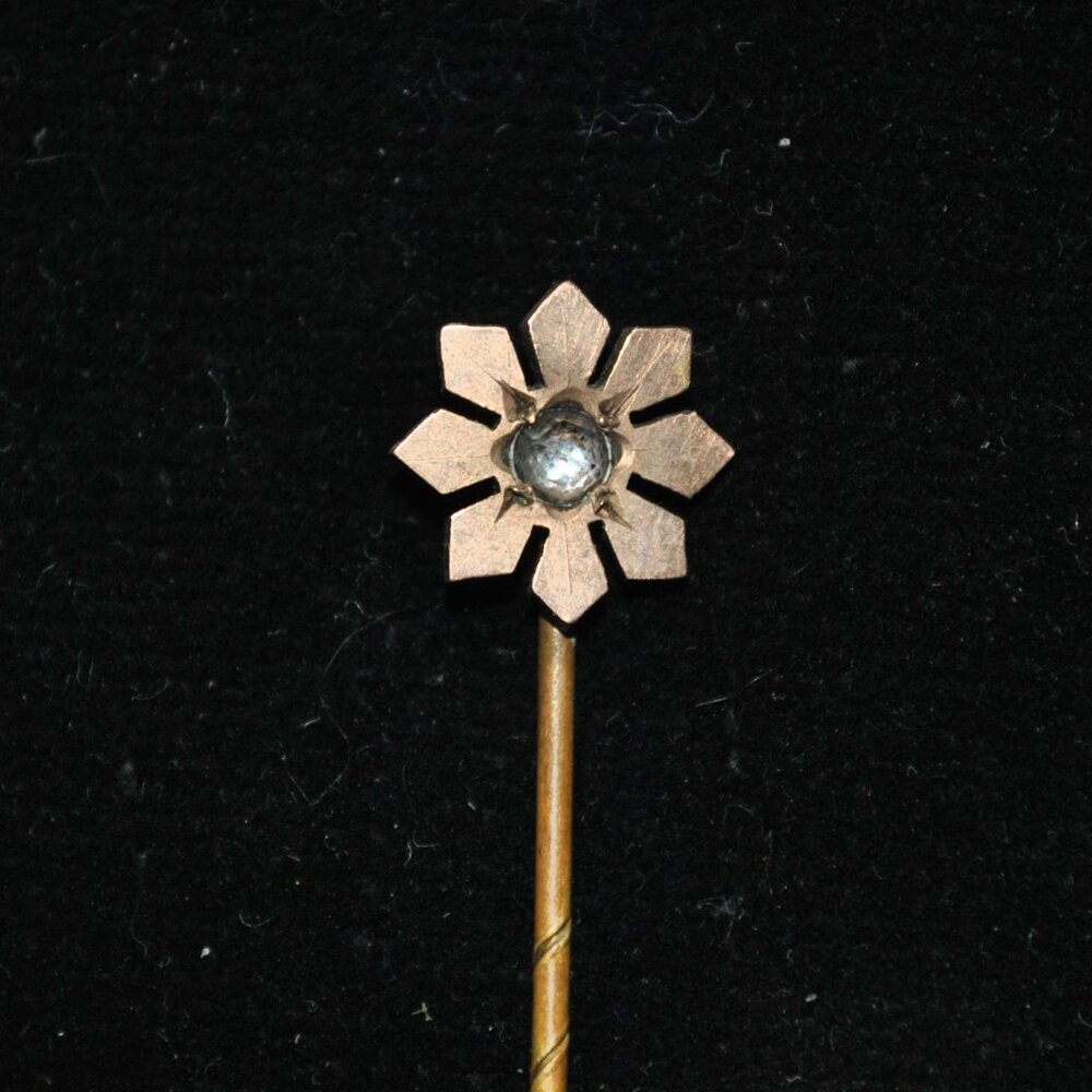 Antique Brass Flower Stick / Cravat Pin with Glass Stone Center